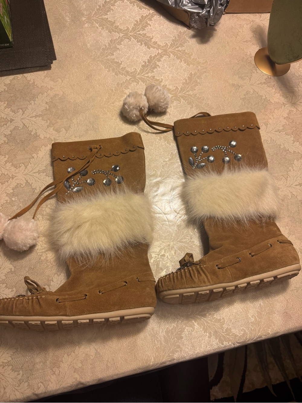 Beverly Feldman Puff n Fluff Suede Boots Fur Crystal Pom Pom 7.5